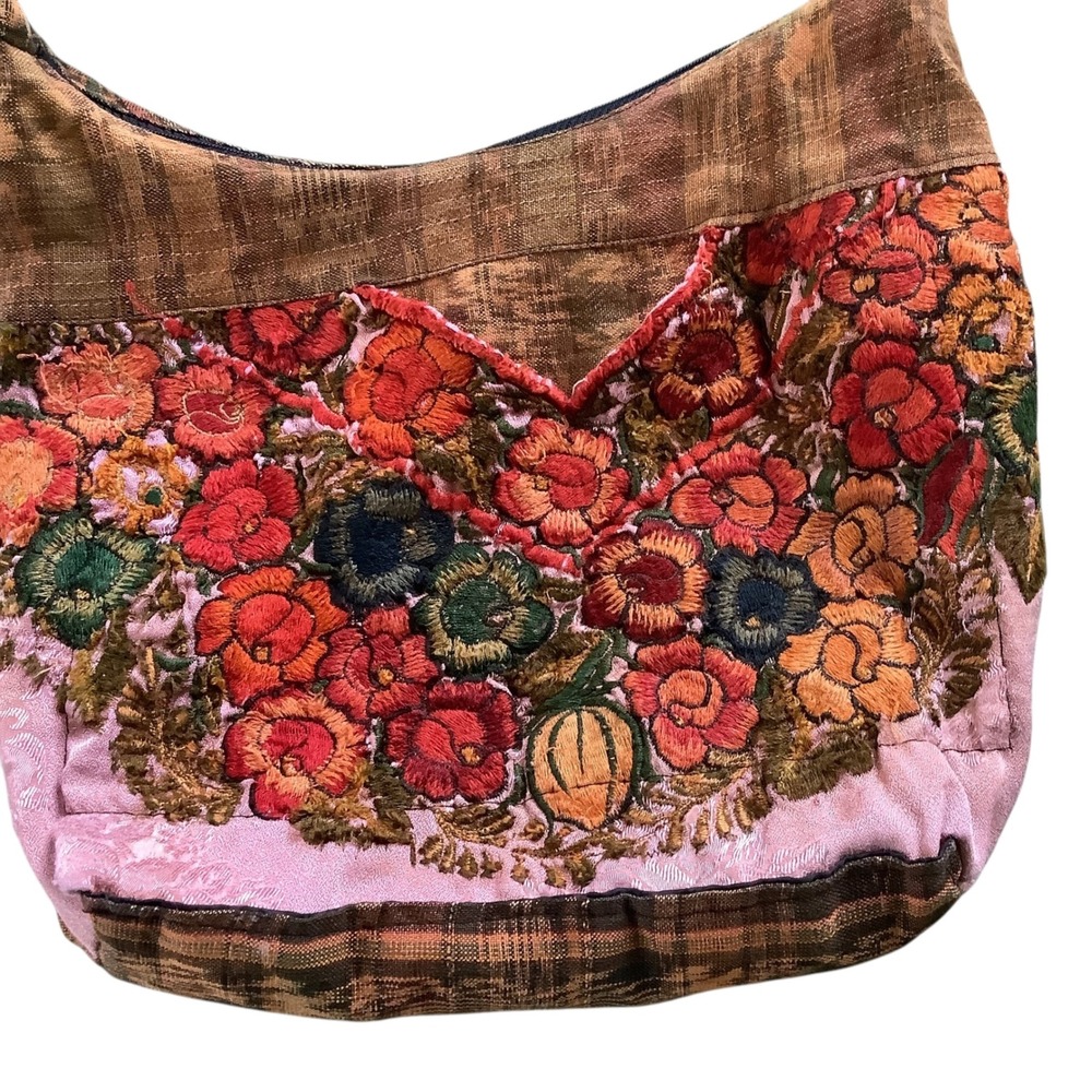 Boho Floral Embroidered Crossbody Bag Pink Brown Woven Textile Hobo Shoulder Bag